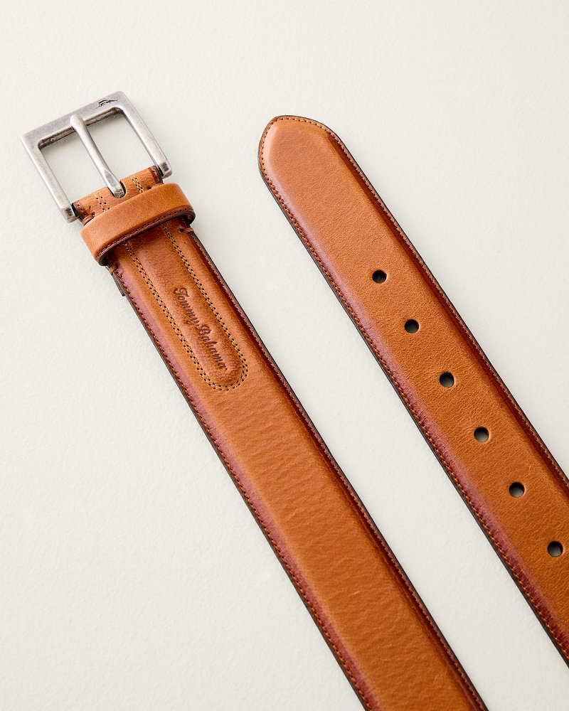 Feather-Edge Inlaid Logo Leather Belt