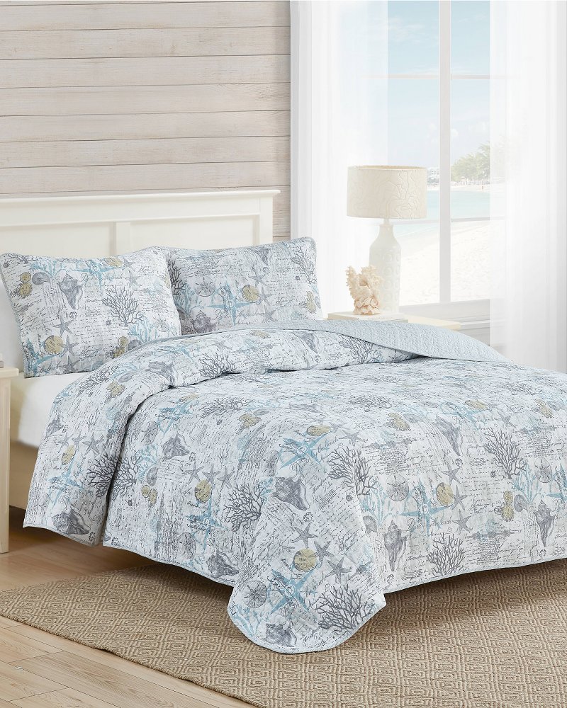 Tommy Bahama Palmday 3-Piece Blue Cotton Full/Queen Quilt Set