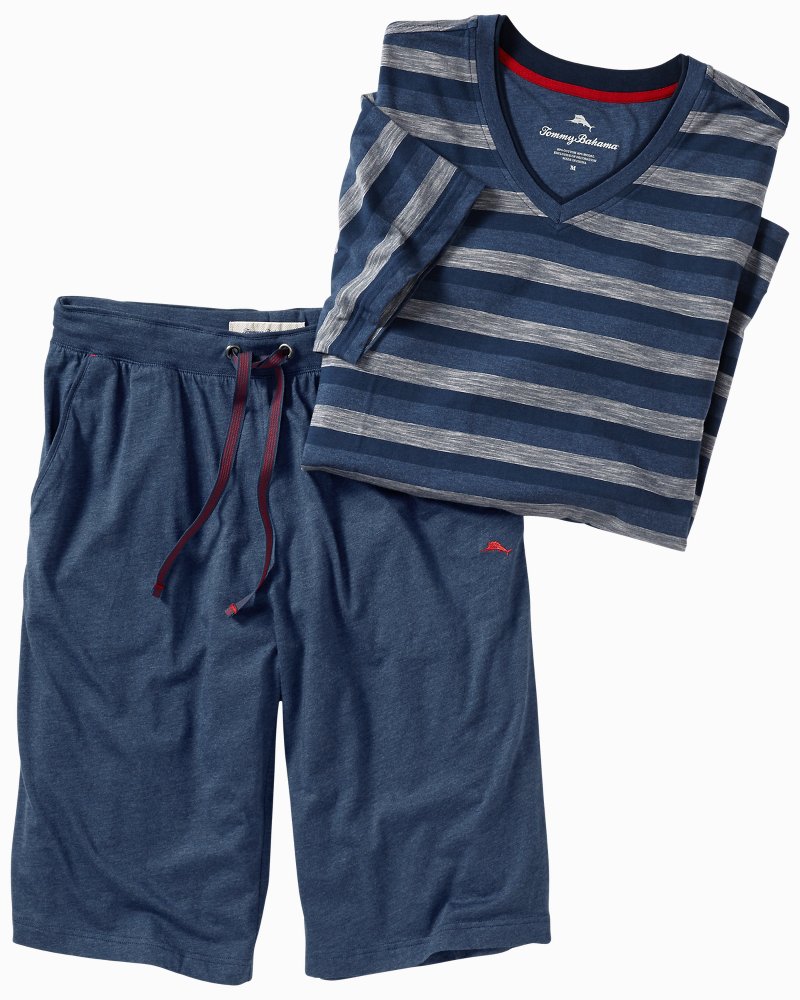 Heathered Striped V Neck T Shirt Lounge Shorts Pajama Set