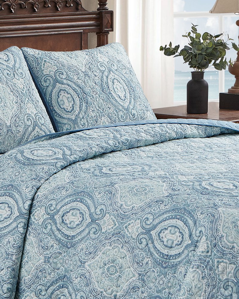 Tommy Bahama Palmday 3-Piece Blue Cotton Full/Queen Quilt Set