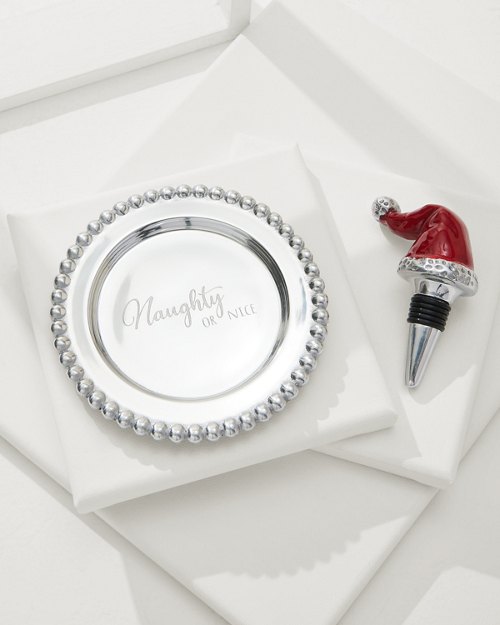 Naughty or Nice Wine Plate with Santa Hat Stopper