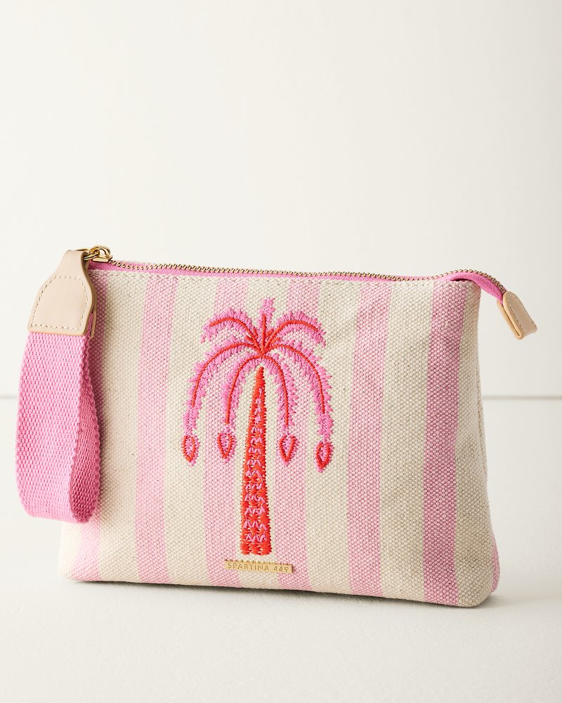 Carina Pink Palm Embroidered Wristlet