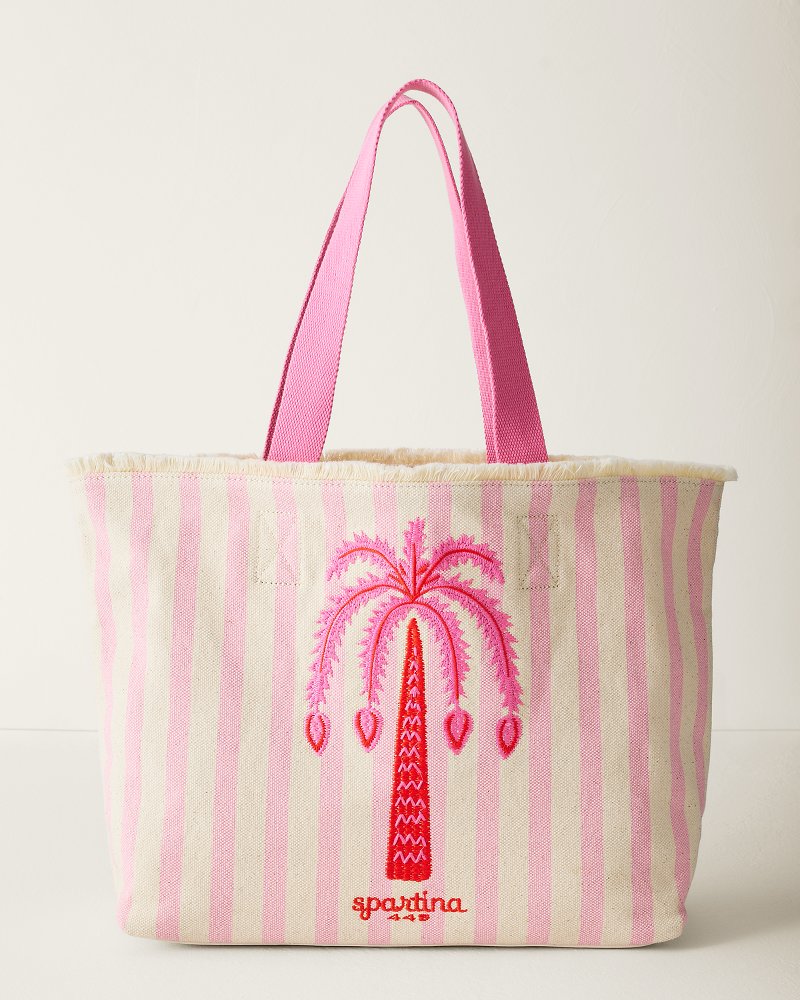 Pink Palm Embroidered Beach Tote