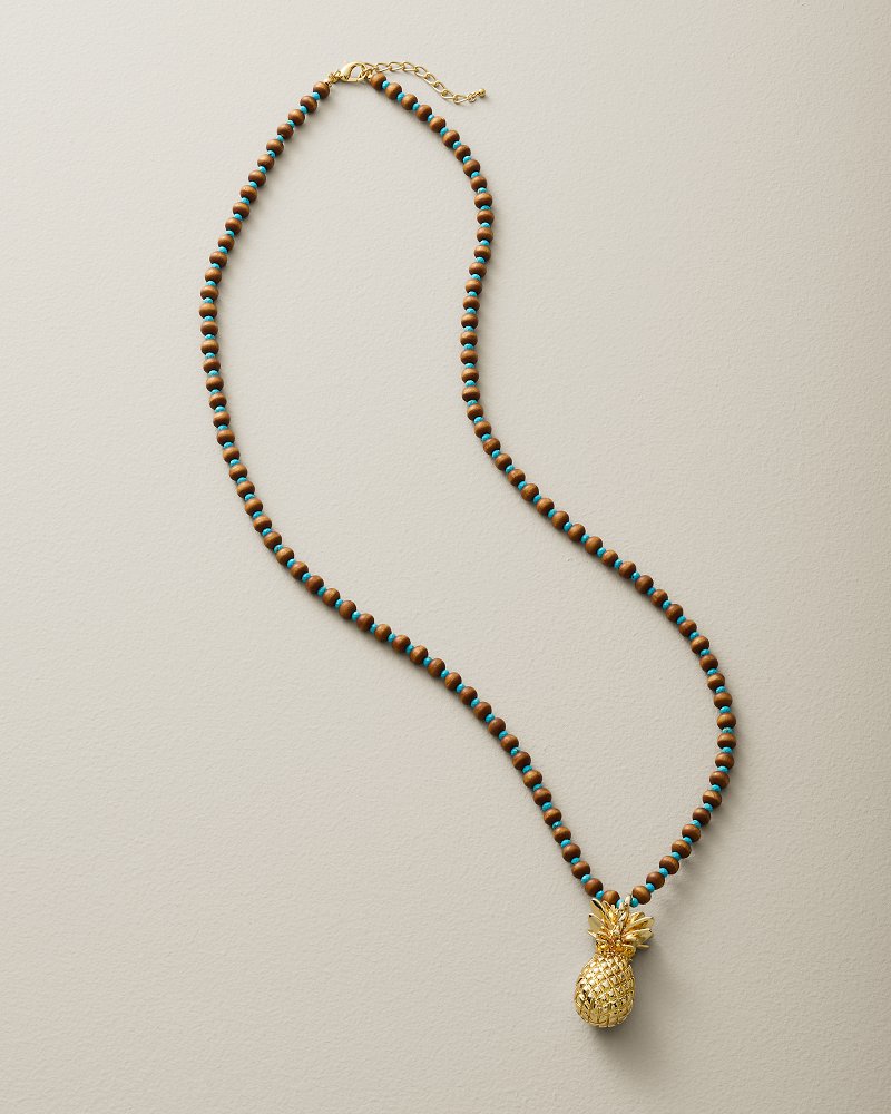 Isla Mer Wood Bead Pineapple Charm Necklace