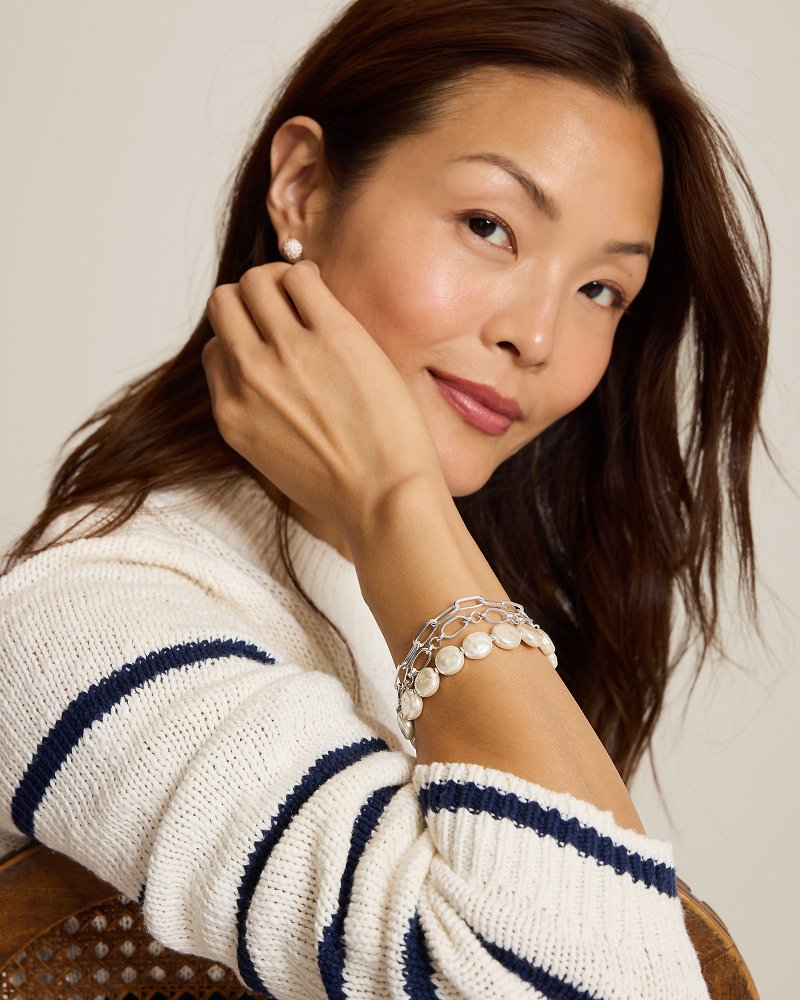 Silver Coast Link & Pearl Bracelet Set