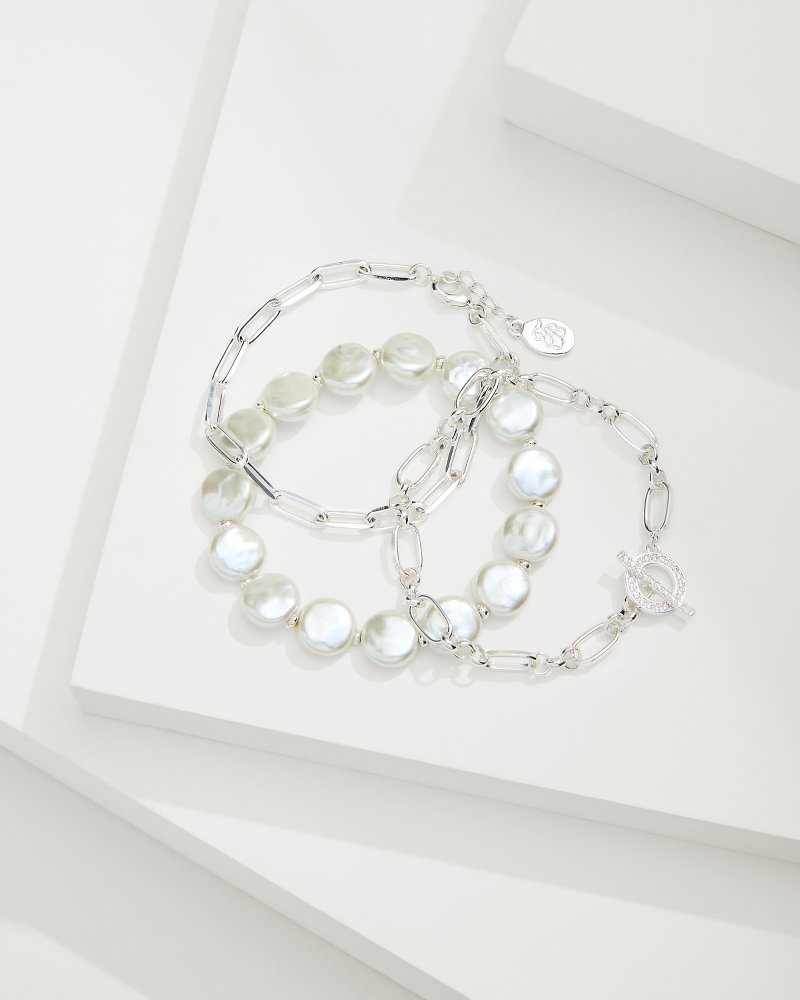Silver Coast Link & Pearl Bracelet Set