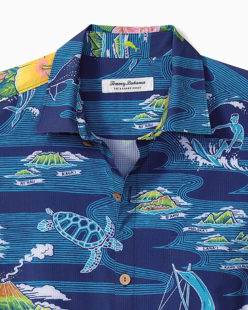 Tommy Bahama Big Tall IslandZone Lanikai Fronds Knit Short Sleeve Woven Camp Shirt, Mens, LT, Mosaic Blue
