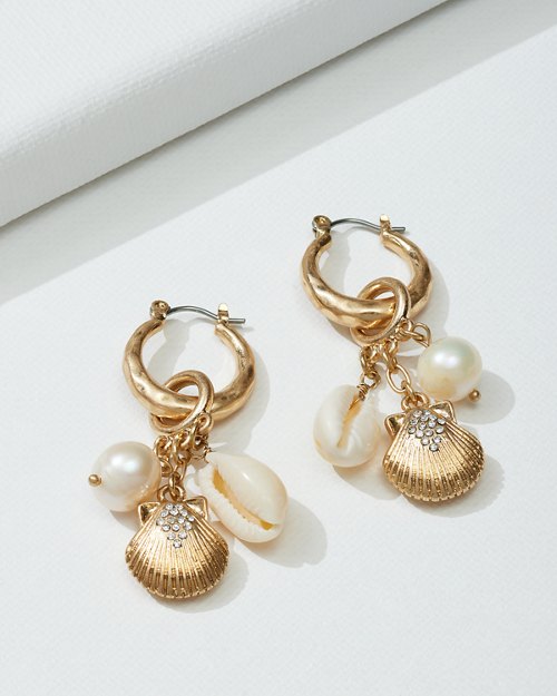 St. Kitts Shell and Pearl Charm Huggie Earrings