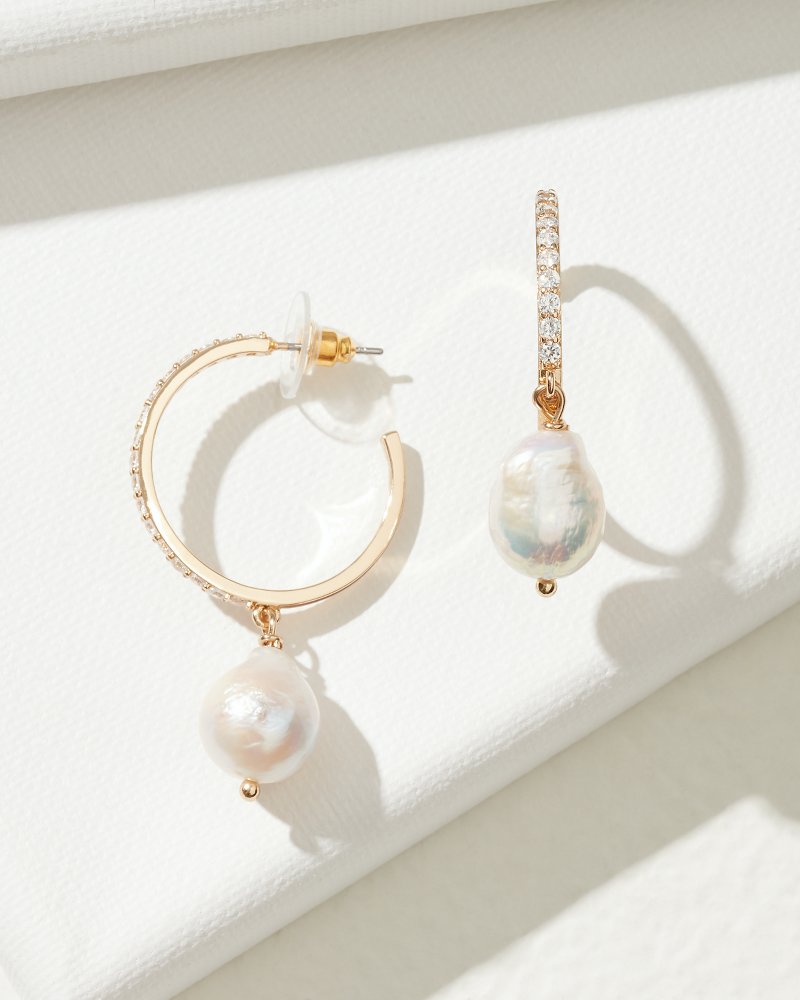 Crystal Collection Gold Pearl Drop Hoop Earrings