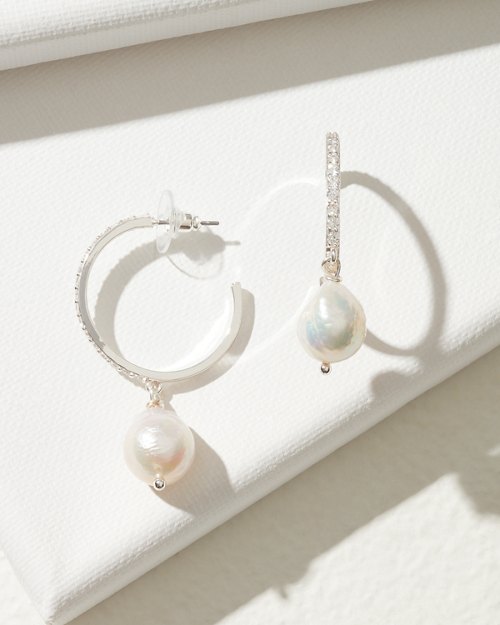 Crystal Collection Silver Pearl Drop Hoop Earrings