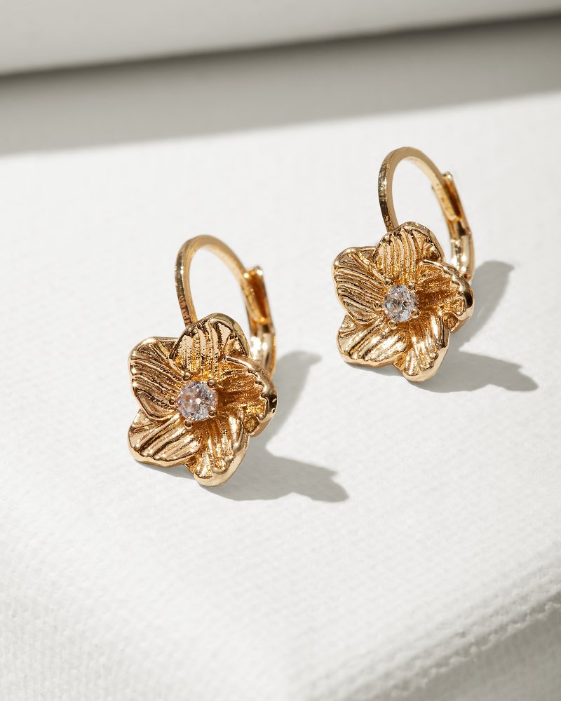 Hibiscus Collection Gold Flower Lever Back Earrings