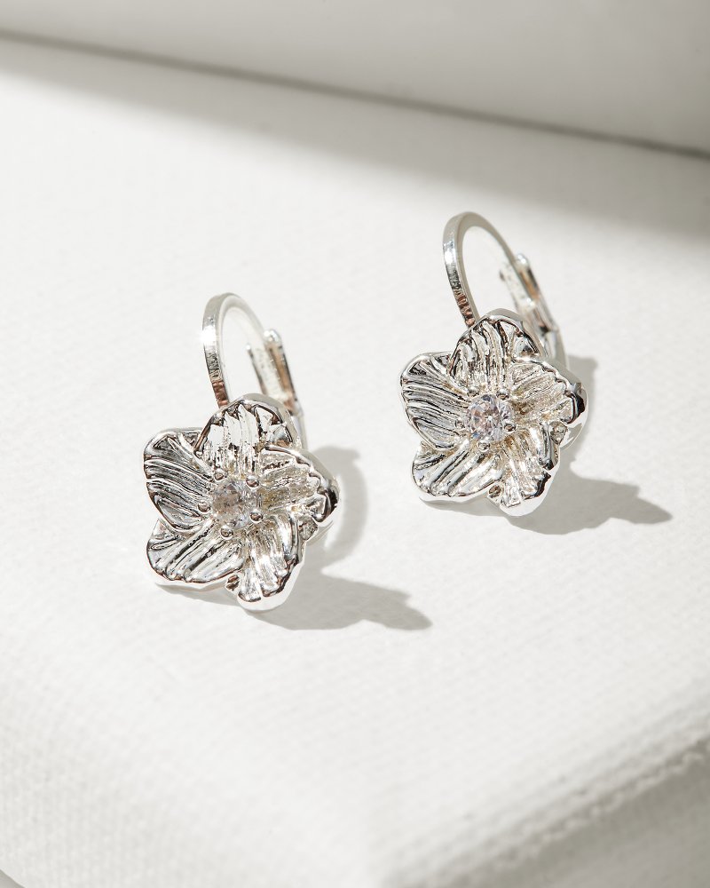 Hibiscus Collection Silver Flower Lever Back Earrings