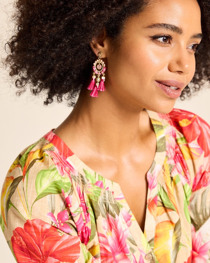 Tropical Blooms Tassel Shell Statement Earrings