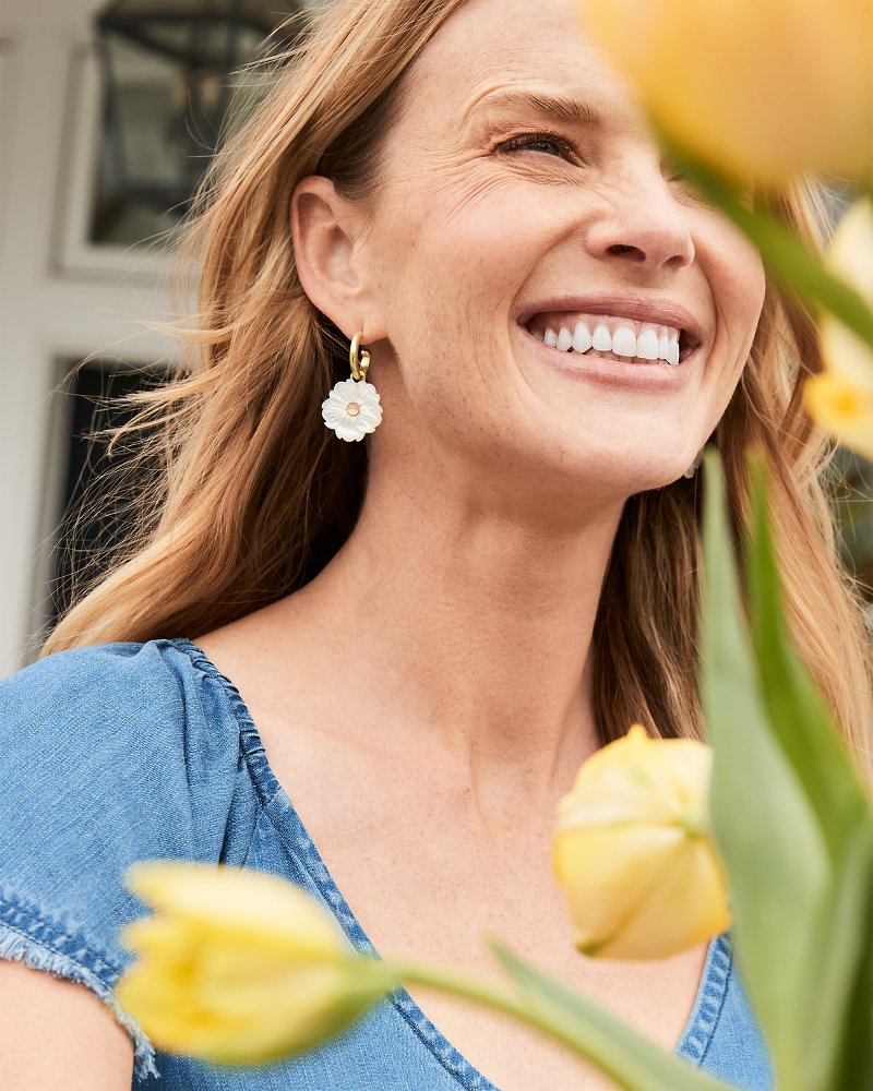 Hibiscus Bliss Mother of Pearl Flower Drop Hoop Earrings