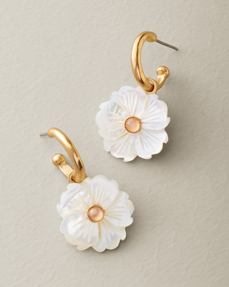 Hibiscus Bliss Mother of Pearl Flower Drop Hoop Earrings