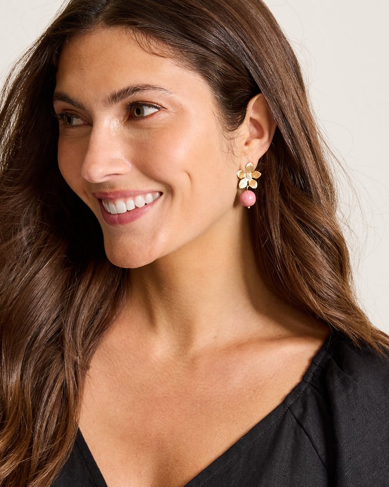 Hibiscus Charm Flower & Semi-Precious Stone Drop Earrings