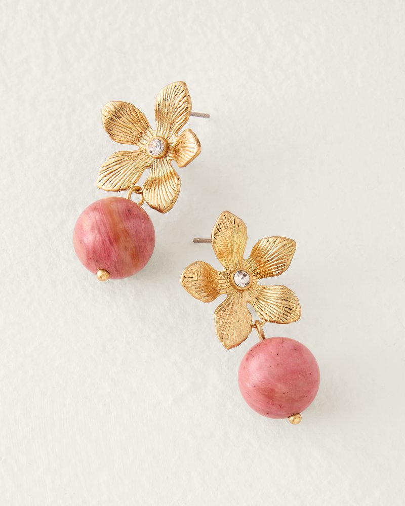 Hibiscus Charm Flower & Semi-Precious Stone Drop Earrings
