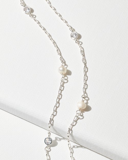 Crystal Collection Silver Pearl Station Necklace