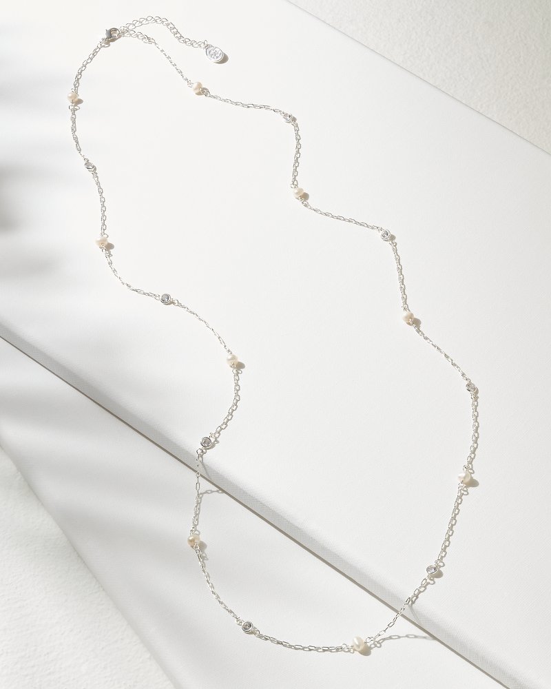 Crystal Collection Silver Pearl Station Necklace