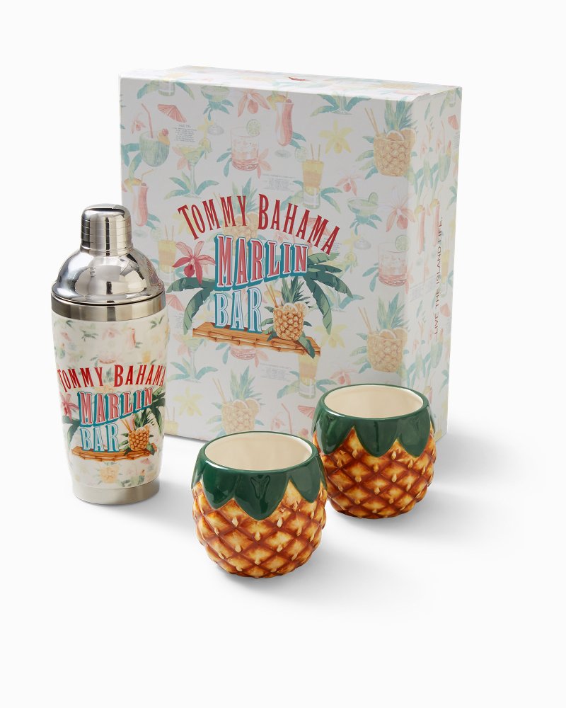 Tommy Bahama Cocktail Set Shaker & 2 Glasses Thirst Responders