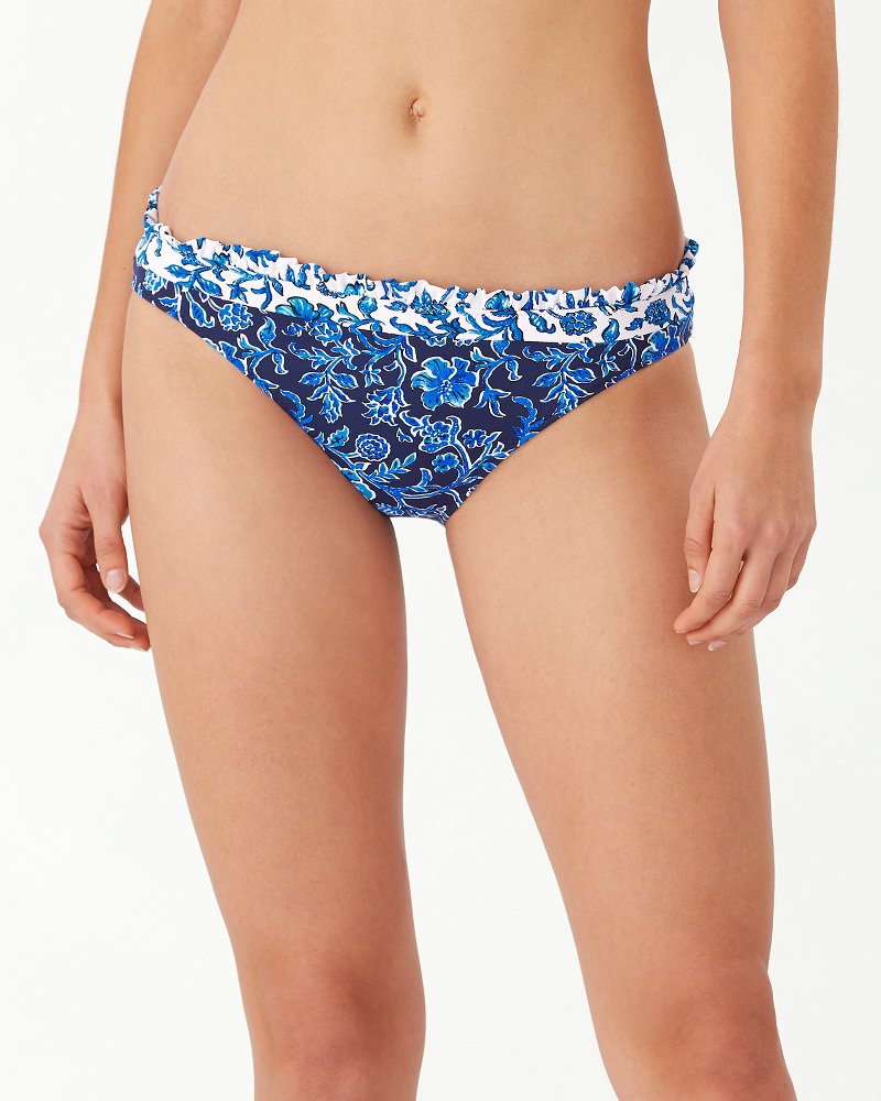 Woodblock Blossoms Reversible Hipster Ruffle Bikini Bottoms