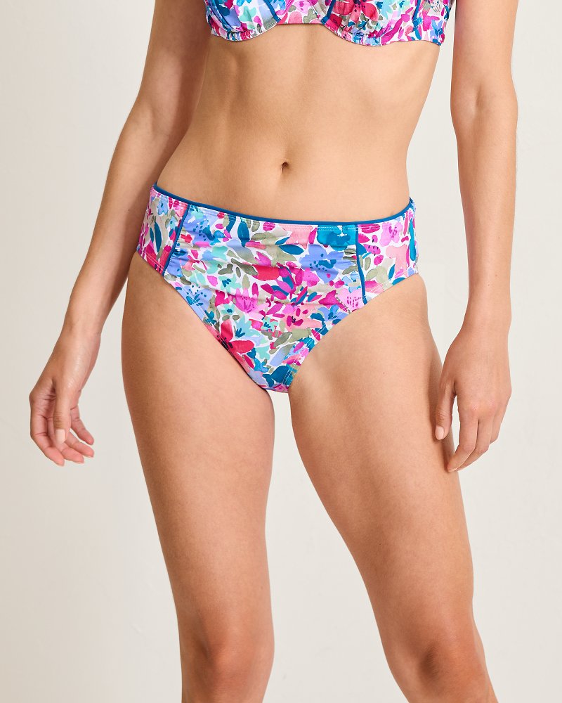Watercolor Floral Shirred High-Waist Bikini Bottoms
