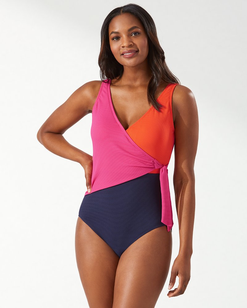 Island Cays Colorblock Wrap Front One Piece Swimsuit