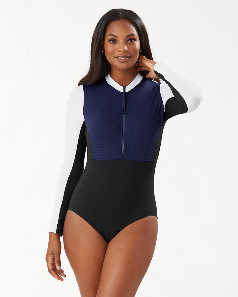 Color Block Long-Sleeve Front-Zip One-Piece Swimsuit