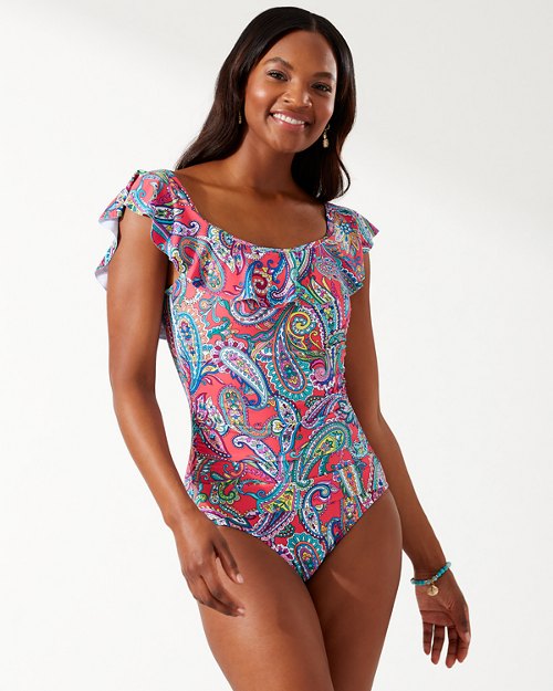 Paisley Keys Off-the-Shoulder One-Piece Swimsuit