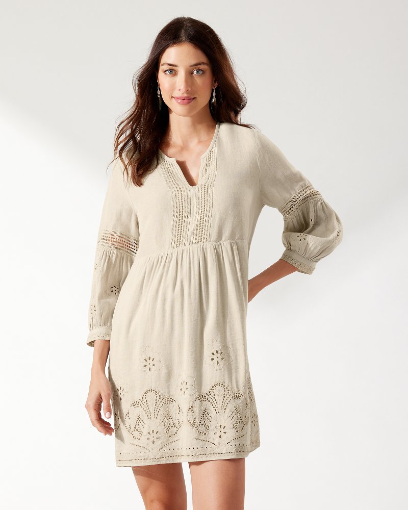 St. Lucia Linen-Blend Split-Neck Dress