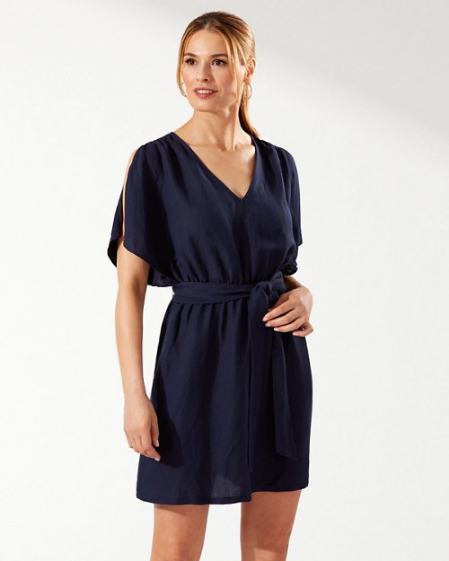 St. Lucia Linen-Blend Split-Shoulder Dress