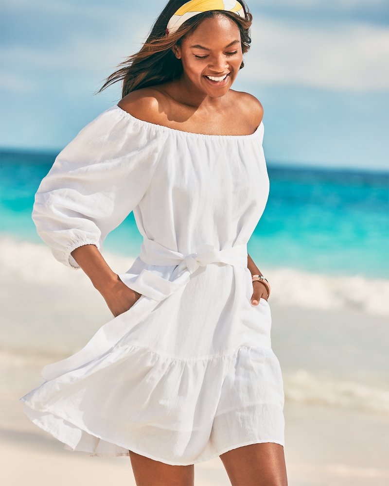 Tommy Bahama Women's St. Lucia Linen-Blend Palm Midi Dress - White - Size XXS