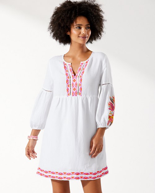 St. Lucia Linen-Blend Tropical Embroidered Split-Neck Dress