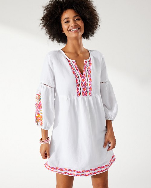 St. Lucia Linen-Blend Tropical Embroidered Split-Neck Dress