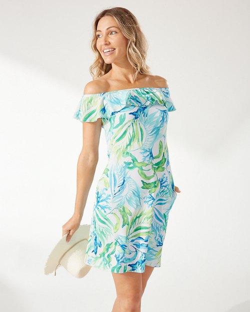 Island Cays Sea Fronds Off-the-Shoulder Spa Dress
