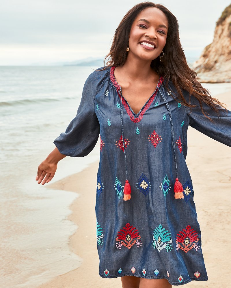 Chambray Ikat Split-Neck Tunic