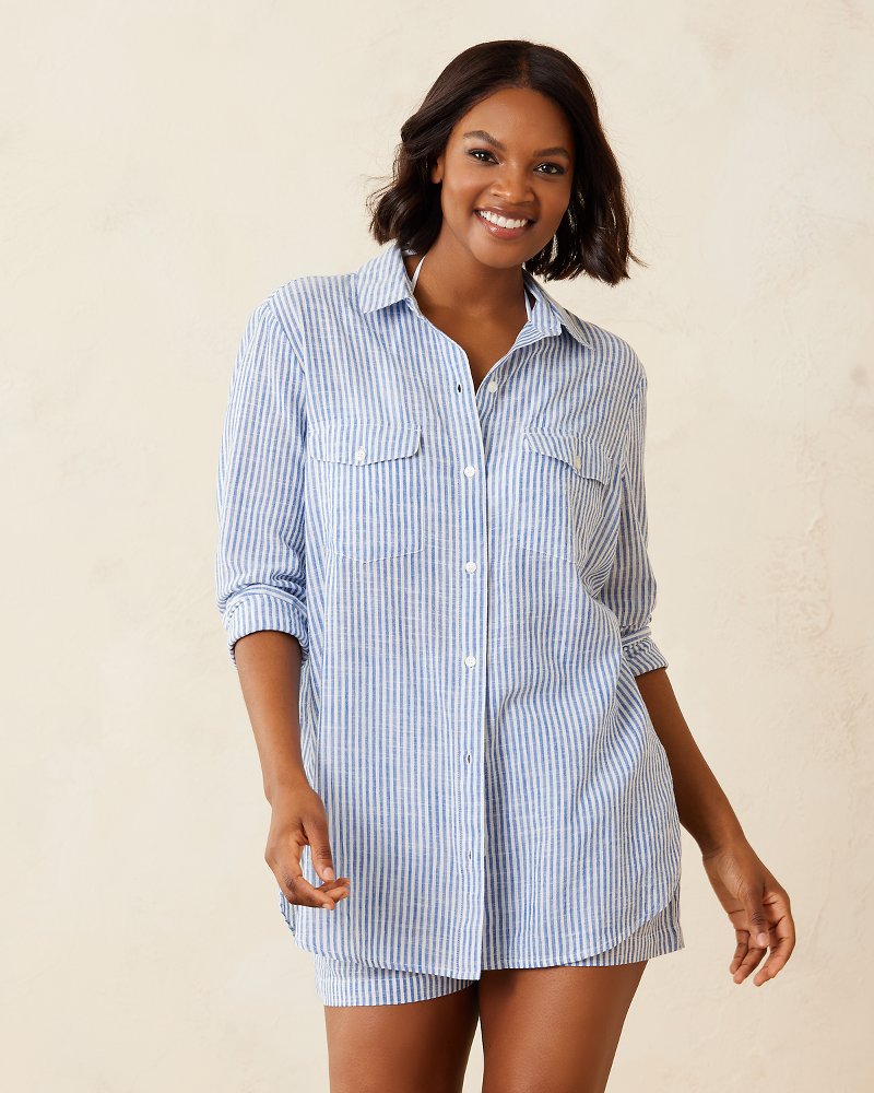 (取寄) トミーバハマ レディース ショーアライン ストライプ ボーイフレンズ シャツ  Bahama women Shoreline Stripe Boyfriend Shirt Beaming Blue Shoreline Stripe Boyfriend Beach Shirt