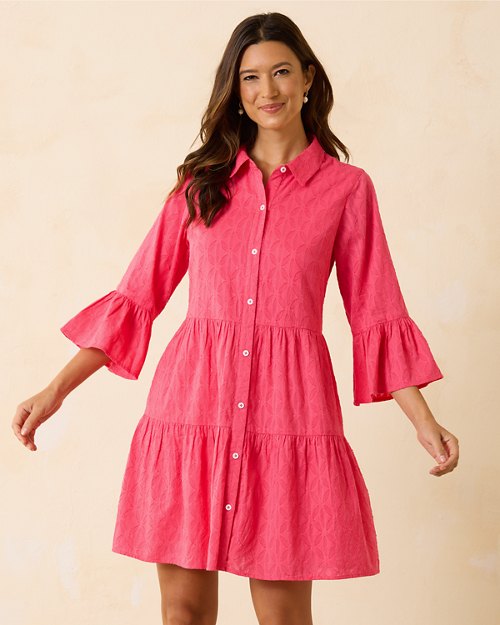 Cotton Clip Jacquard Tiered Shirt Dress