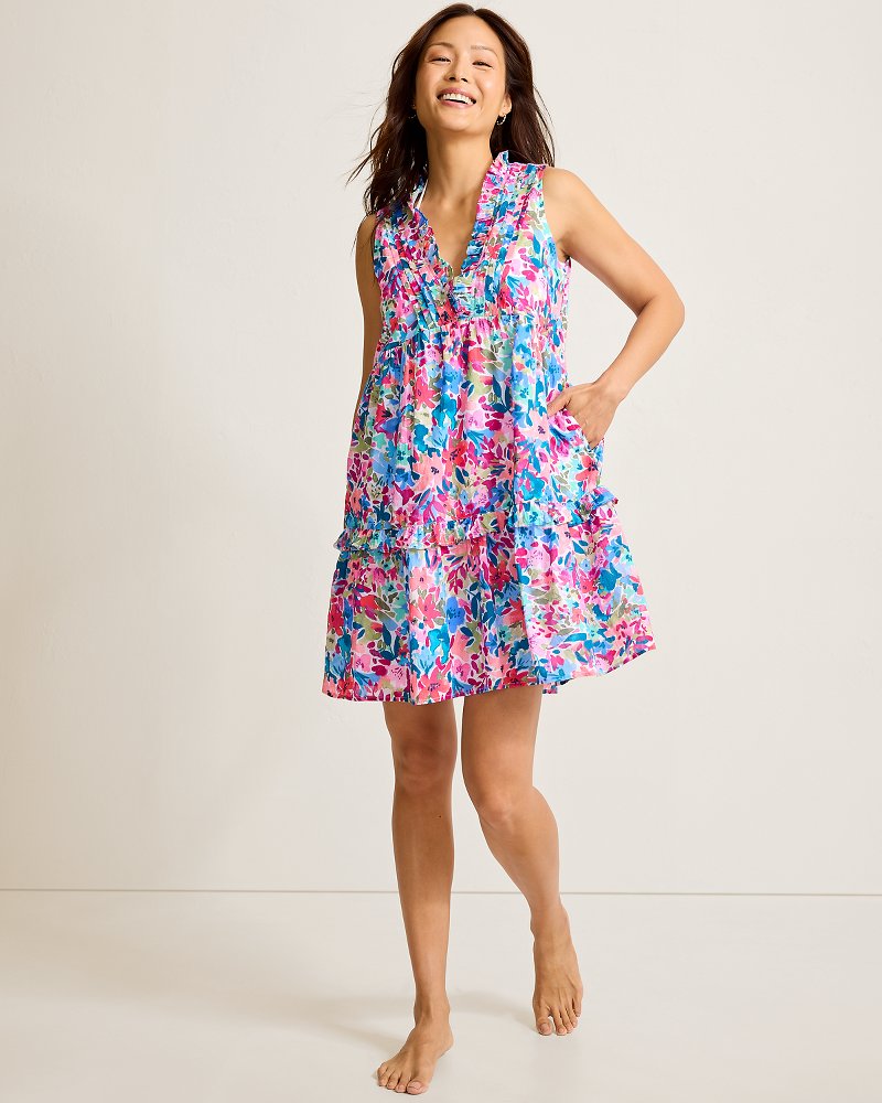 Catalina Coast Watercolor Floral Tiered Coverup Dress