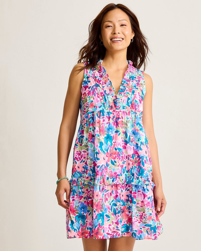 Catalina Coast Watercolor Floral Tiered Coverup Dress