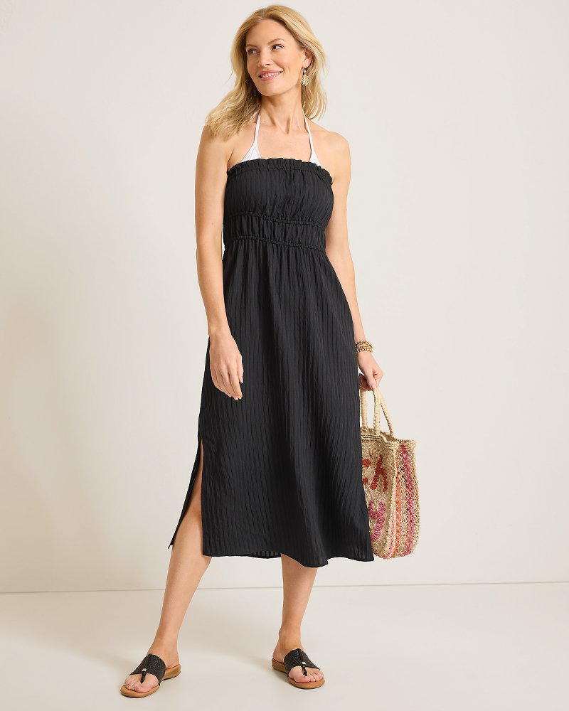 Woven Stripe Strapless Midi Coverup Dress