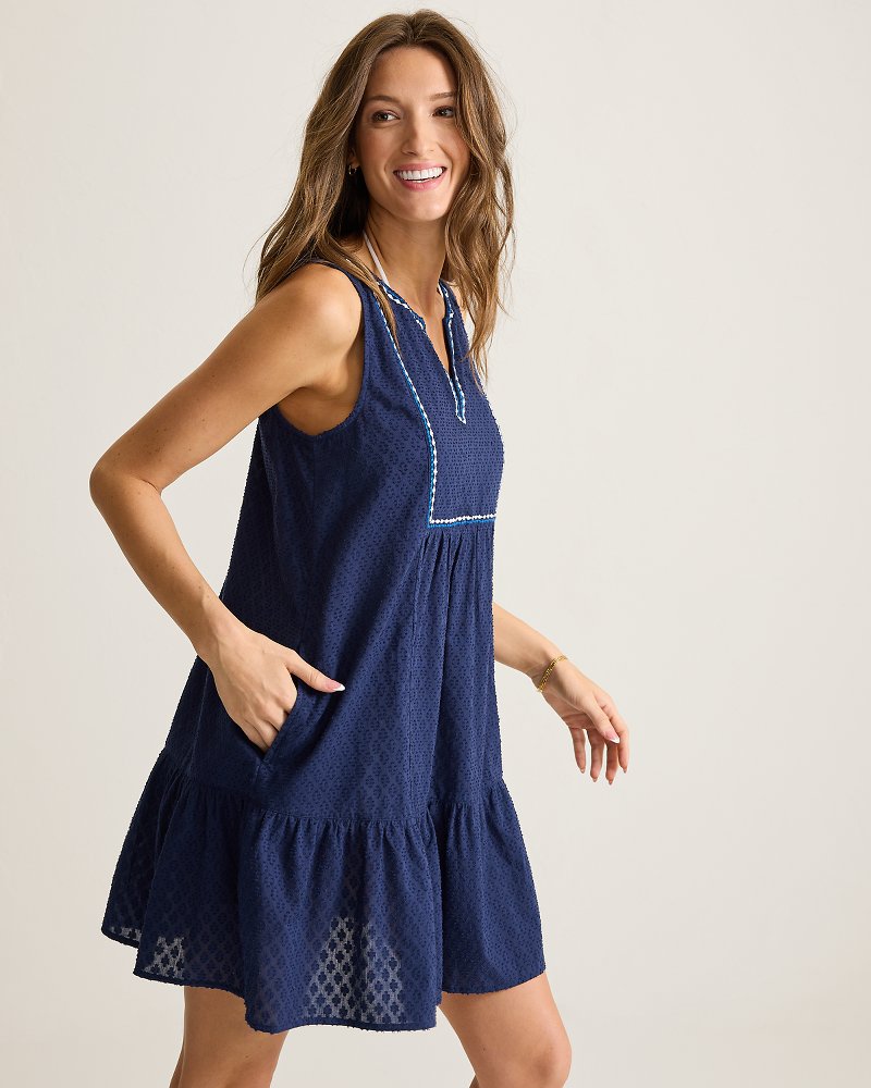 Cotton Clip Tiered Split-Neck Coverup Dress