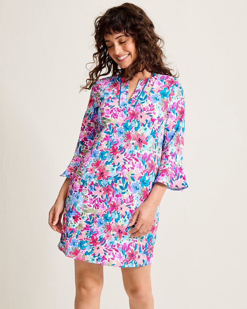 Watercolor Floral Flounce-Sleeve Spa Coverup Dress