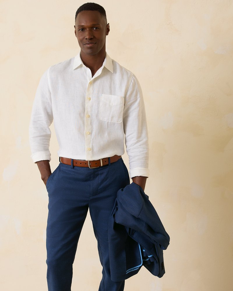 Herringbone light blue linen-cotton flat-front lightweight Trousers