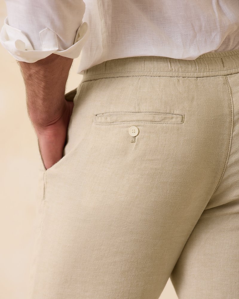 Women Cotton Linen Pants Casual Comfy Button Elastic Waist Beach