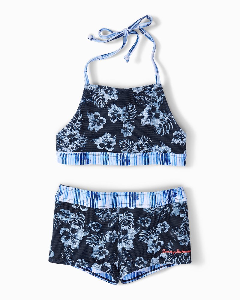 Little Girls' Reversible Chambray Blossoms Cropped Tankini Set