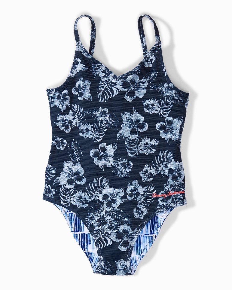 Little Girls’ Reversible Chambray Blossoms One-Piece Swimsuit
