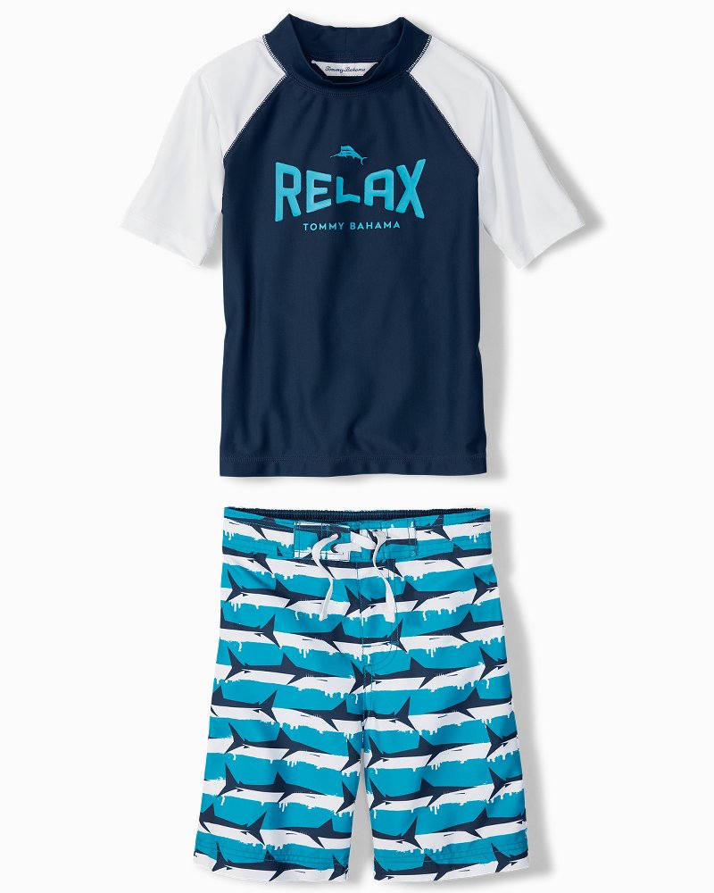 Boys' Short Sleeve Shark Printed & Striped Rash Guard Top & Swim