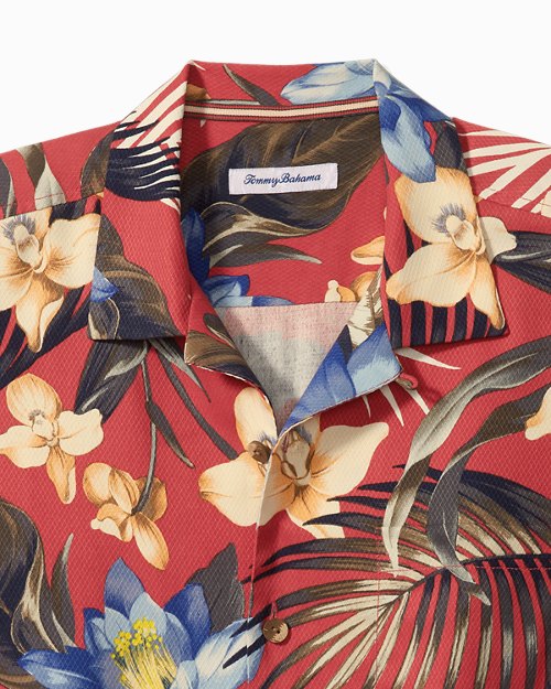 Kleding Herenkleding Overhemden & T-shirts Overhemden XL Tommy Bahama Zijden Hawaiiaans Aloha Shirt met een bruine achtergrond met groene bladeren en oranje bloem 
