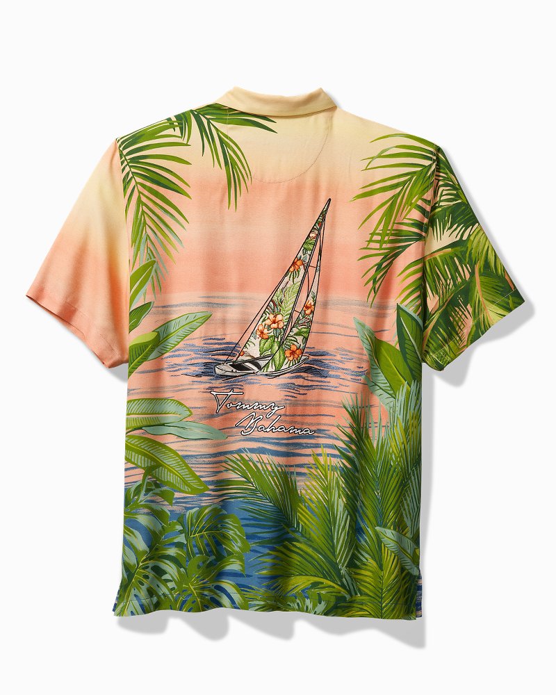 Tommy Bahama Relax 100% Silk Shirt Large Hawaiian Blue Leaves Tropical Camp